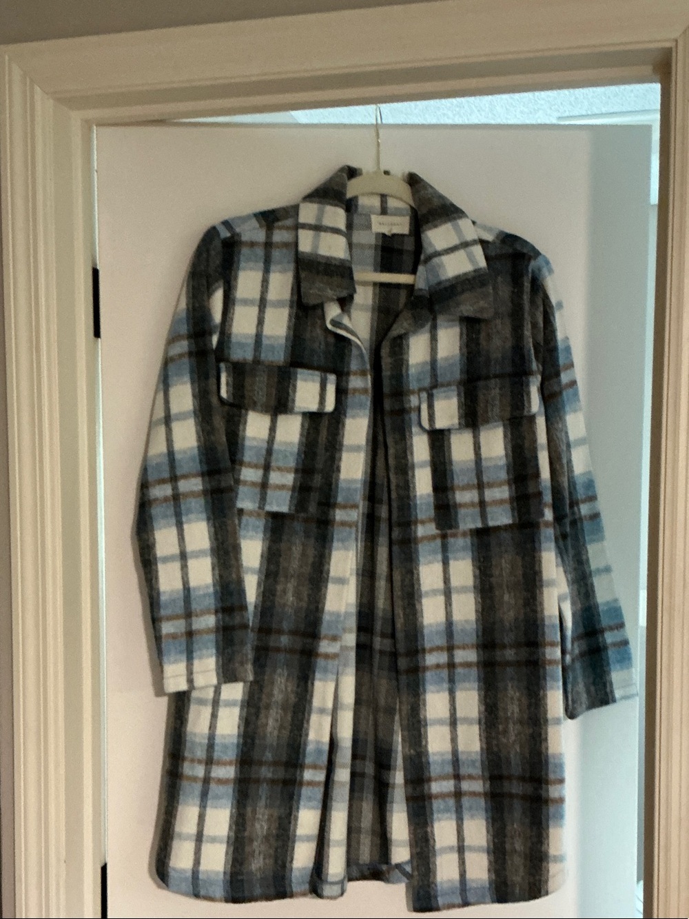 MELLODAY Plaid Trench Coat in Blue, Gray, White, and Brown